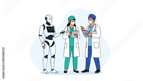 Medical professionals in masks and scrubs collaborating with humanoid robot assistant using digital tablets in a futuristic hospital setting.