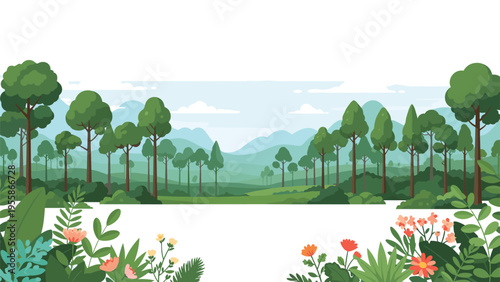 Beautiful lush green forest landscape with rolling hills and distant mountains under a clear sky in vibrant flat vector illustration style.