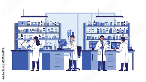 Team of professional researchers conducting experiments and analyzing scientific data in a modern laboratory with high-tech equipment.