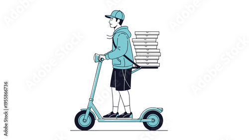 Delivery person riding an electric scooter while carrying a tall stack of pizza boxes on the back for fast urban food delivery service.