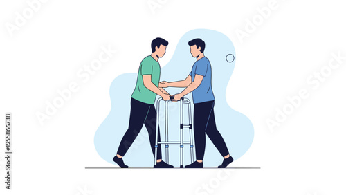 Young man helping his friend or patient use a mobility walker in a healthcare or rehabilitation setting for physical therapy and recovery.