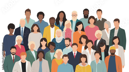 Large crowd of diverse people with different ethnicities and fashion styles standing together as a community in a clean flat design style.