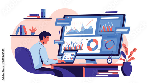 Professional data analyst monitoring complex financial charts and graphs on large desktop monitor in an organized modern home workspace.
