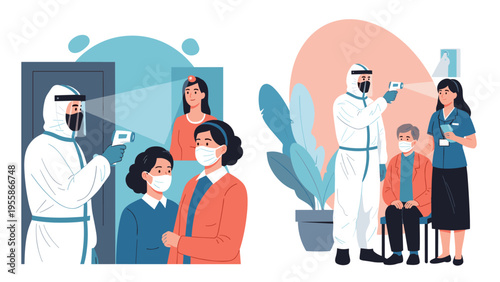 Specialized medical personnel in protective gear performing temperature screening on people at checkpoints for public health monitoring.