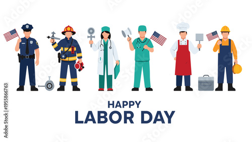 Diverse group of essential workers including police fire doctor and construction worker celebrating Labor Day for a professional concept.