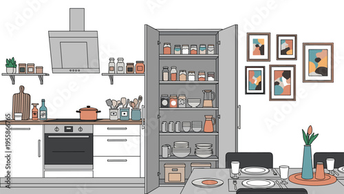 Interior view of modern kitchen and dining area featuring a large open pantry stocked with various organized food storage containers.