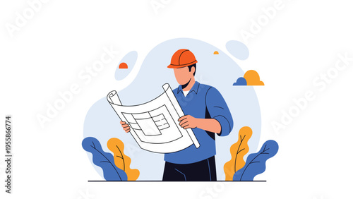 Professional engineer or architect reviewing construction blueprints against an abstract background with shapes and lush indoor plants.