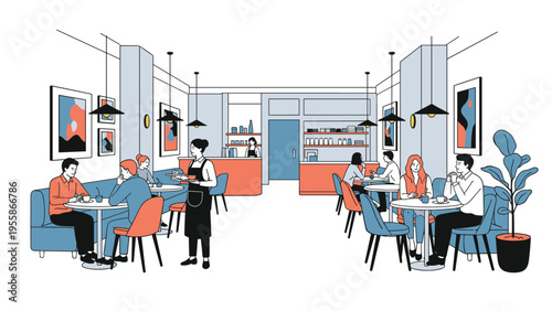 Interior view of a busy modern cafe with customers sitting at tables and a waitress serving coffee in a vibrant flat illustration style.