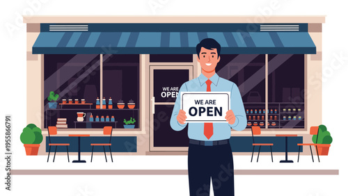 Smiling small business owner holding a we are open sign in front of his stylish cafe or shop building on an urban street in flat style.