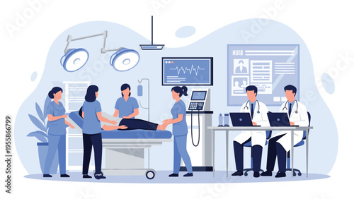 Professional medical team performing a procedure on a patient in a high-tech operation room equipped with advanced monitoring systems.
