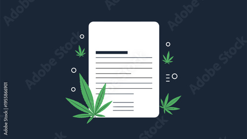 Professional document regarding medical cannabis legalities surrounded by green marijuana leaves on a dark blue background.