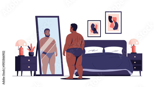 Overweight man in underwear stands in front of a mirror in his bedroom evaluating his body shape for weight loss and health goals.