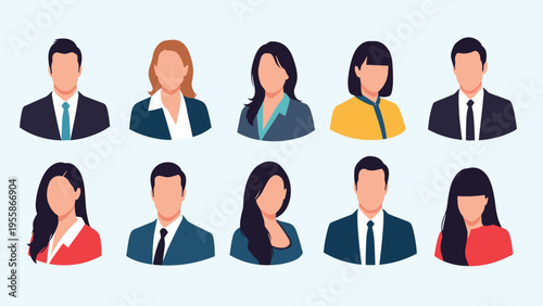 Diverse collection of ten professional avatars including men and women in business suits for corporate profiles or websites.