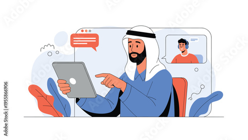 Arab man in a traditional thobe and ghutra uses a tablet to have a video call with a young man wearing blue headphones in an office.