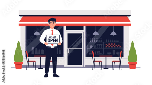 Smiling business owner stands in front of his cafe or restaurant holding a we are open sign to welcome customers back to the shop.