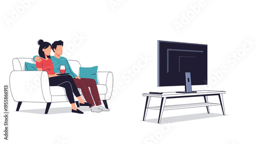 Young couple sitting comfortably on a white couch while watching an movie on a large screen television in their living room.