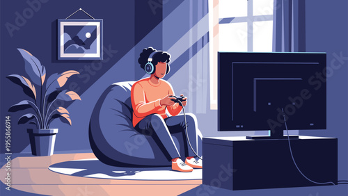 Young man sitting in a blue bean bag chair playing a video game on a television screen with headphones in a cozy bedroom.