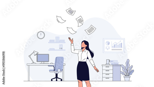 Excited businesswoman in a professional office throws papers into the air to celebrate a successful project or job completion.