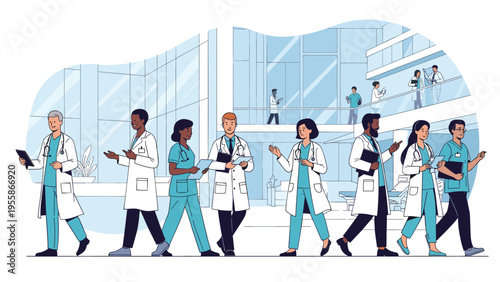 Large group of diverse doctors and nurses walking through a modern hospital hallway with glass windows and medical offices.