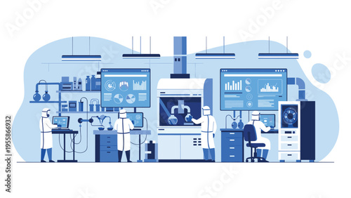 High-tech scientific research facility with scientists in white protective suits monitoring data on large digital screens.
