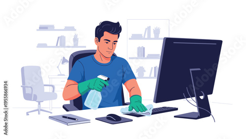 Young man in green gloves cleaning a computer desk and keyboard with a spray bottle and a cloth for home office hygiene.