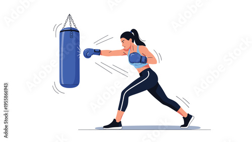 Athletic young woman in sportswear training with a blue heavy boxing bag to improve her fitness and martial arts skills.