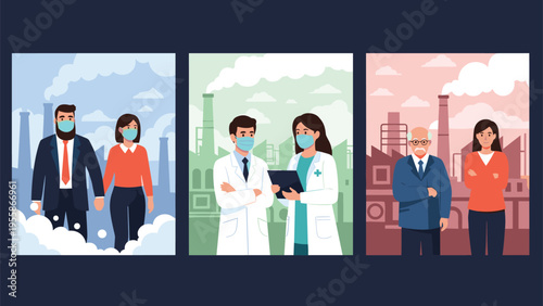 Infographic panels showing people wearing masks in front of a polluted city with factories to raise awareness about air quality.