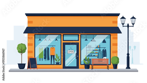 Front view of a small boutique clothing store with a display window and outdoor furniture on a clean city street background.