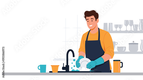 Young man in a blue apron and yellow shirt is washing a white plate in a kitchen sink with a bubbly sponge and clean water.