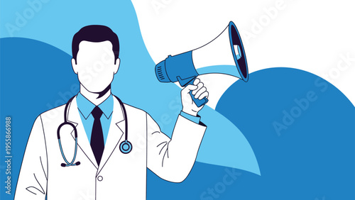 Male doctor in a white lab coat holding a megaphone to announce health news or safety alerts against a blue abstract background.