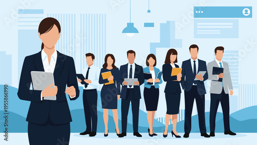 Group of business professionals in formal suits standing in front of a blue city skyline led by a confident businesswoman.