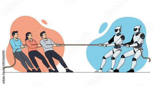 Team of diverse people competing against humanoid robots in intense tug of war game over a thick rope for human labor concepts.