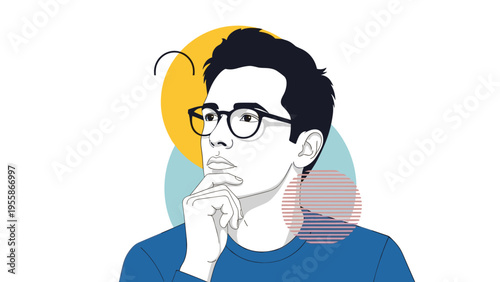 Portrayal of thoughtful young man wearing glasses looking upwards with contemplative facial expression against abstract geometric shapes.