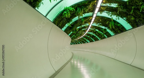 Futuristic tunnel corridor with luminous glowing green ceiling panels in modern building, generative ai illustration