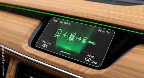 Electric vehicle dashboard showing low battery warning and range data, interior of futuristic car in forest landscape, generative ai