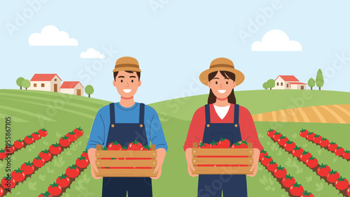 Male and female farmers holding wooden crates filled with ripe red tomatoes in the middle of lush organic vegetable fields.