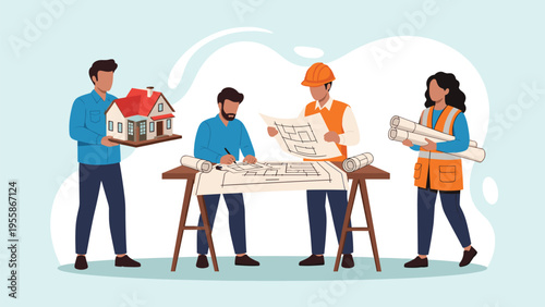 Team of professional architects and engineers working together at a desk to design residential house plans and blueprints.