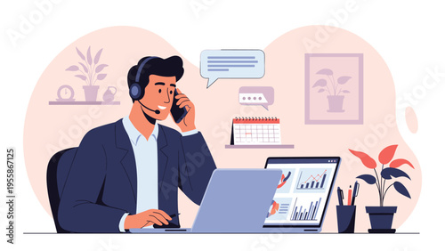 Professional customer service representative wearing headset and talking on phone while working at a desk in the office.