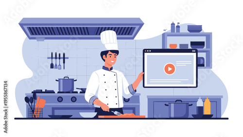 Professional chef in white uniform and hat presenting a culinary online tutorial video on a digital screen in the kitchen.