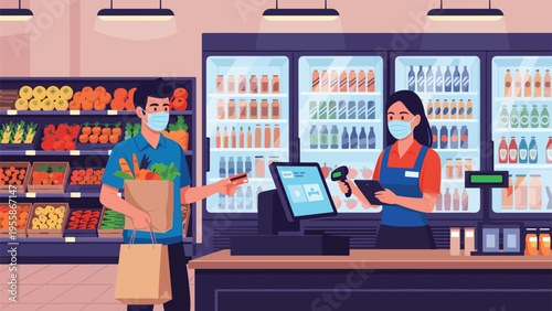 Customer wearing a protective face mask pays for groceries with a credit card at a supermarket checkout during a pandemic situation.
