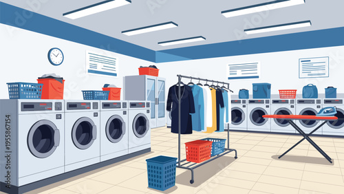 Empty self-service laundry room features rows of modern washing machines, dryers, an ironing board, and baskets for clean clothes.