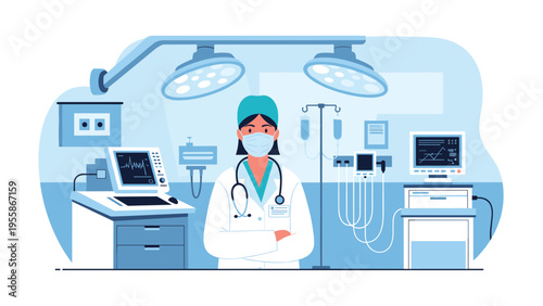 Professional female doctor wearing a surgical mask and scrubs stands confidently in a well-equipped modern hospital operating room.