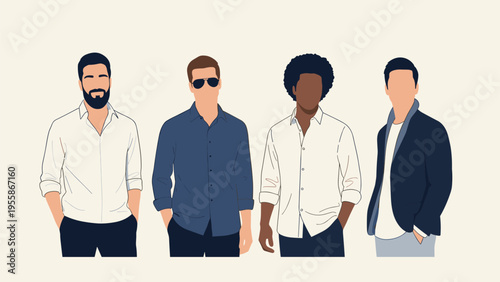 Group of four diverse men with various fashion styles and backgrounds stand together in a row against a plain neutral background.