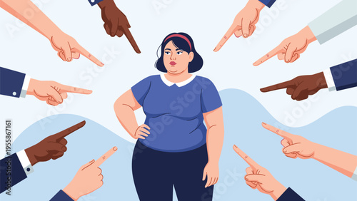 Sad plus-size woman stands surrounded by many hands pointing at her representing the pressure and judgment of societal body shaming.