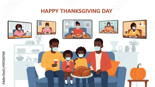 African American family wearing protective masks celebrates Thanksgiving Day by sharing a traditional dinner with relatives through video chat.