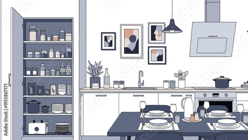 Organized modern kitchen features a large open pantry filled with jars, containers, and supplies next to a neat dining table.