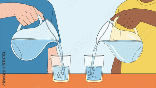 Two people from different backgrounds simultaneously pour fresh clean water from glass pitchers into drinking glasses on an orange table.