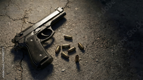 A classic semi-automatic pistol lies on a cracked concrete surface surrounded by loose bullets, capturing a moment of tension and potential conflict