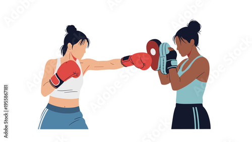Two athletic women engage in a boxing training session with one participant punching red focus mitts held by her partner.