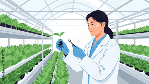 Professional female scientist in a white lab coat carefully examines a young plant sprout inside a modern commercial greenhouse.